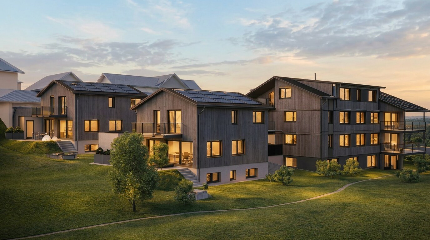Modernes Haus mit Holzfassade in Sax in der Abenddämmerung